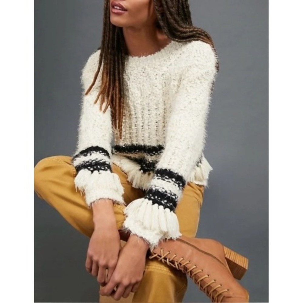Anthropologie Amadi Cora Fringed Sweater Eyelash Striped Cream Black Boho Cozy L
